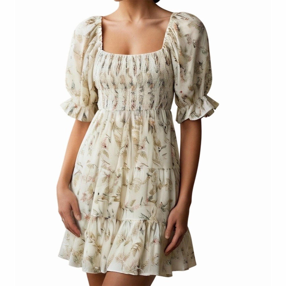 Flying Tomato Dress Womens Size M Ivory Floral Smocked Mini Puff Sleeve
